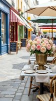 Outdoor café terrace with pink roses in brass vase on dining table, colorful striped umbrellas, and European street storefronts, ideal for hospitality and lifestyle marketing.