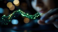 Glowing green digital wave visualization with bokeh light effects in dark background creates futuristic technology concept for business presentations.