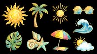Summer beach clipart set with sun, palm tree, wave, seashell, starfish, umbrella, sunglasses, and leaf, isolated on transparent background, ready for stickers and print on demand.