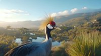 Grey crowned crane in natural habitat against scenic mountain landscape and lake view at golden hour, displaying distinctive golden head feathers and red crown.