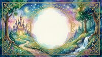 Enchanted fairy tale landscape with ornate golden frame and blank circular space for text or design. Magical castle, mystical forest, crescent moon and stars.