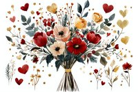 Romantic floral bouquet with red poppies, peach anemones, gold hearts, and eucalyptus leaves tied with twine on white background.