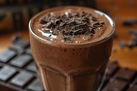Creamy chocolate milkshake topped with dark chocolate shavings in glass, close-up view on wooden surface with chocolate pieces background. Food photography.