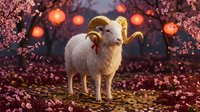 White ram with curved horns standing in magical garden with glowing orbs and blooming flowers, fantasy animal scene for creative projects and storytelling.