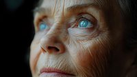 Close up portrait of senior Caucasian woman with striking blue eyes and natural wrinkles gazing upward with hopeful expression in dramatic lighting.