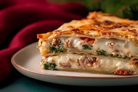 Homemade lasagna with layers of pasta, ricotta cheese, spinach, and ground meat sauce on ceramic plate, close up view showing texture of melted cheese and filling.