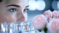 Young woman with bright blue eyes gazing thoughtfully past champagne glass, pink roses in soft focus background creates romantic atmosphere for wedding and celebration designs.