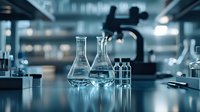 Laboratory glassware with clear liquid on reflective surface in modern research facility with microscope silhouette and bokeh lights in background.