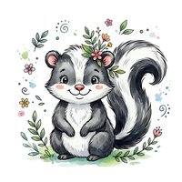 Cute skunk character with pink nose and floral crown, surrounded by botanical elements and watercolor splashes on white background.