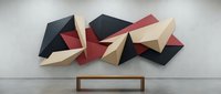 Modern geometric wall sculpture with angular faceted panels in black, red and beige colors creating dynamic three-dimensional art installation for contemporary interior design.