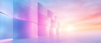 Abstract geometric wall with glass panels in pink and blue gradient against dreamy pastel sky background for technology or business presentations.
