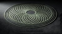 Geometric spiral pattern with interlocking circles creating hypnotic optical illusion effect on metallic surface, suitable for backgrounds and design projects.