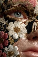 Close-up portrait of woman with intricate floral embroidery mask covering face, showing green eye and lips for luxury fashion and beauty concepts.