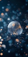 Magical transparent sphere with glowing particles and bokeh effects on dark blue background, creating ethereal atmosphere for fantasy designs.
