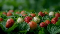 Fresh ripe red and unripe white strawberries growing on green plants in garden, macro shot with selective focus showing natural organic produce.