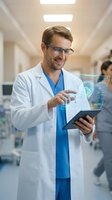 Male doctor using holographic medical technology interface with tablet in modern hospital corridor for healthcare innovation and digital medicine applications.