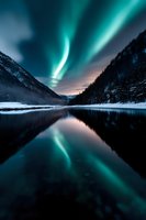Spectacular aurora borealis dancing over snowy mountain lake at night, green lights reflecting in still water surface with forest silhouettes and winter landscape.