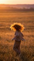 Young woman with curly hair running through golden wheat field at sunset, carefree lifestyle and freedom concept for wellness and mental health campaigns.