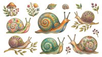 Snails with decorative shells and botanical foliage elements isolated on white background, suitable for clipart, textile design, stationery and craft projects.