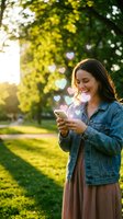 Young Caucasian woman smiling at smartphone in sunny park with colorful hearts floating up, symbolizing social media likes and online love.
