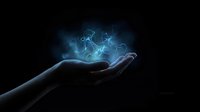 Glowing blue energy swirling above an open human hand on dark background, magical light effect concept for fantasy and science themes.