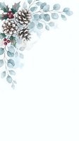 Watercolor winter corner arrangement with pine cones, holly berries and eucalyptus leaves on white background for holiday greeting cards and festive designs.