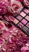 Pink roses frame luxurious makeup palette with shimmering eyeshadows and brushes on sparkly pink background with scattered rose petals and glitter for beauty and cosmetics marketing.