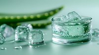 Clear glass with melting ice cubes and water drops on mint green background with aloe vera leaf, fresh cooling drink concept for summer refreshment and skincare.