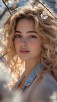 Young woman with curly blonde hair and natural makeup amid spring cherry blossoms, soft sunlight creating dreamy atmosphere. Perfect for beauty and lifestyle content.