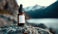 Brown glass dropper bottle with blank white label on rocky mountain landscape against blurred lake and peaks background. Natural wellness concept.