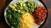 Fresh ingredients for Mexican cuisine arranged in sections: diced tomatoes, shredded cheddar cheese, chopped cilantro and sliced avocado on round plate.