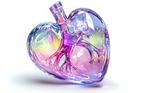 Iridescent glass heart-shaped perfume bottle with rainbow reflections and prismatic effects on white background, luxury fragrance container concept.