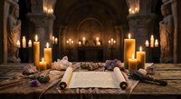 Ancient scroll with candles and crystals in gothic cathedral interior. Mystical ritual setup with parchment, gemstones and candlelight for spiritual ceremonies.