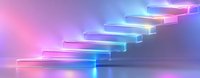 Glowing neon stairs ascending in pink and blue gradient light with reflective surface, modern minimalist design concept for business growth and success.