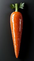 Fresh orange carrot with water drops and green leaves isolated on dark background, dramatic lighting creates glossy effect. Suitable for food marketing.