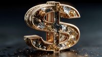 Golden dollar sign symbol with sparkling diamonds and glitter effects on dark background for luxury finance and wealth concepts.