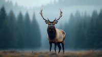 Majestic bull elk standing in misty forest landscape at dawn, powerful antlers silhouetted against foggy pine trees background. Wildlife photography concept.