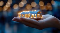 Miniature illuminated house held in open palm against blurred bokeh background, creating magical atmosphere for real estate or holiday concepts.