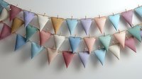 Colorful paper bunting garland with pastel triangular flags in pink, blue, purple, yellow, and white hanging on string against white wall for party decoration.