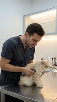 Male veterinarian examining fluffy Persian cat with stethoscope in modern clinic examination room for pet healthcare and medical checkup.