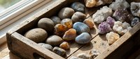Collection of natural gemstones and minerals displayed in rustic wooden box for geology education, crystal healing therapy, and decorative purposes.