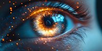 Macro shot of luminous eye with glowing orange and gold sparkles against blue tinted skin, dramatic eyelashes and intense gaze creating magical effect.