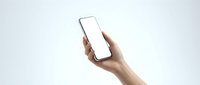 Hand holding smartphone with blank white screen against light background, isolated for app mockup and digital design projects.