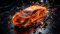Futuristic car with glowing orange energy effects and digital circuit board elements for automotive technology and innovation concepts.