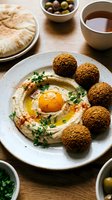 Traditional Middle Eastern breakfast with creamy hummus, crispy falafel balls and fresh herbs on rustic plate. Authentic Mediterranean cuisine for restaurant menus.