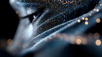 Delicate water droplets on spider web create magical bokeh effect against dark background, morning dew sparkles with orange and blue reflections in macro photography.
