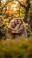 Three generations of women embracing in warm autumn park setting with golden sunlight filtering through colorful fall foliage creating heartwarming family moment.