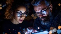 Young African American woman and mature bearded Caucasian man in glasses looking at glowing digital device screen with bokeh lights in dark environment.