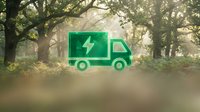 Green electric delivery truck icon with lightning bolt symbol in misty forest setting with sunbeams filtering through trees for eco-friendly logistics concepts.