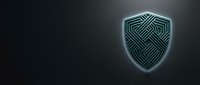 Glowing neon shield with geometric pattern on dark background, representing cybersecurity, protection, and digital defense for technology concepts.